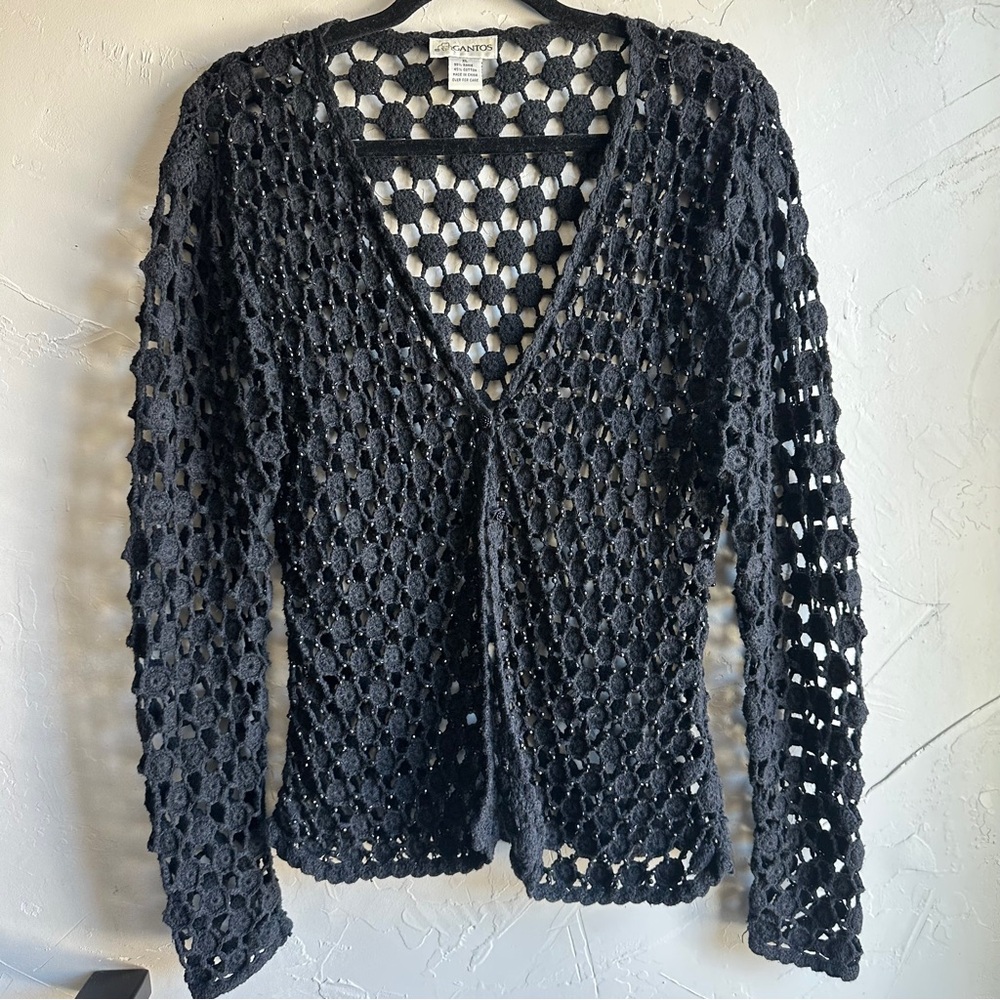 Gantos Black Open Crochet Cardigan‎ Beaded Alt Goth Grunge Layering Top Sz L
